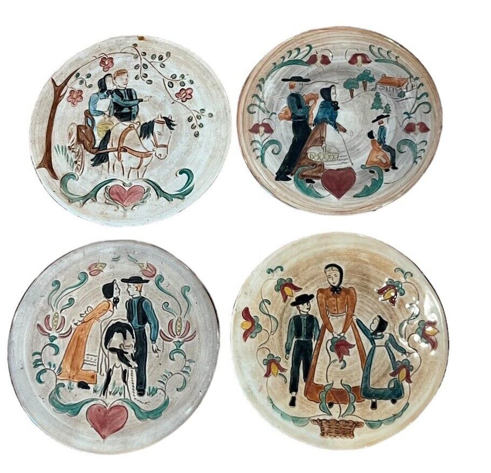 Vintage Pennsbury Pottery Set If 4 Amish Women & Men Wall Plaque Trivet